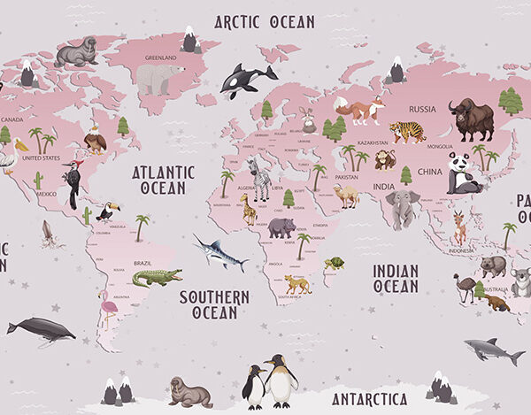 Карта со зверьми розово-серая