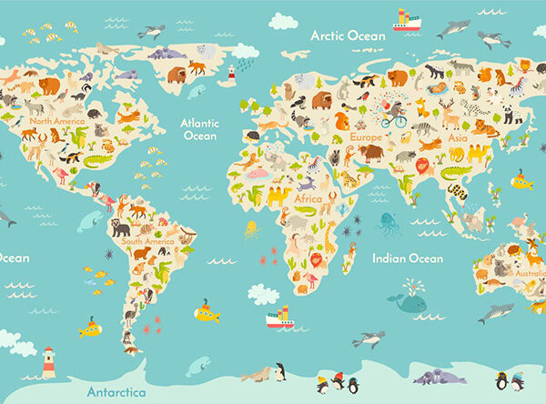 Голубая карта мира с животными